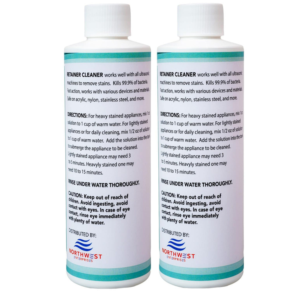 Box and bottle of Ultrasonic Retainer Cleaner on bathroom counter