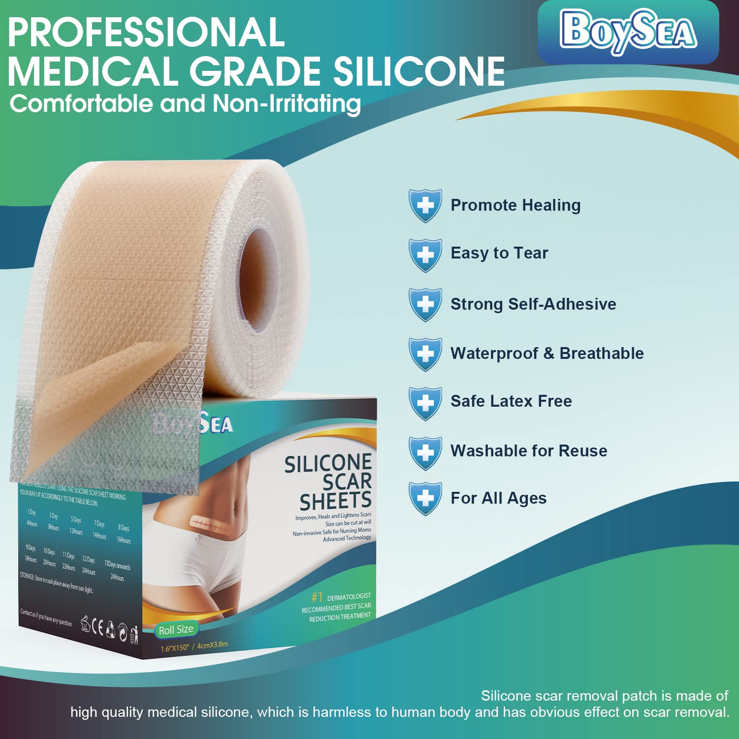 Boysea professional silicone scar sheets roll 1.6x150 unrolled for extended coverage