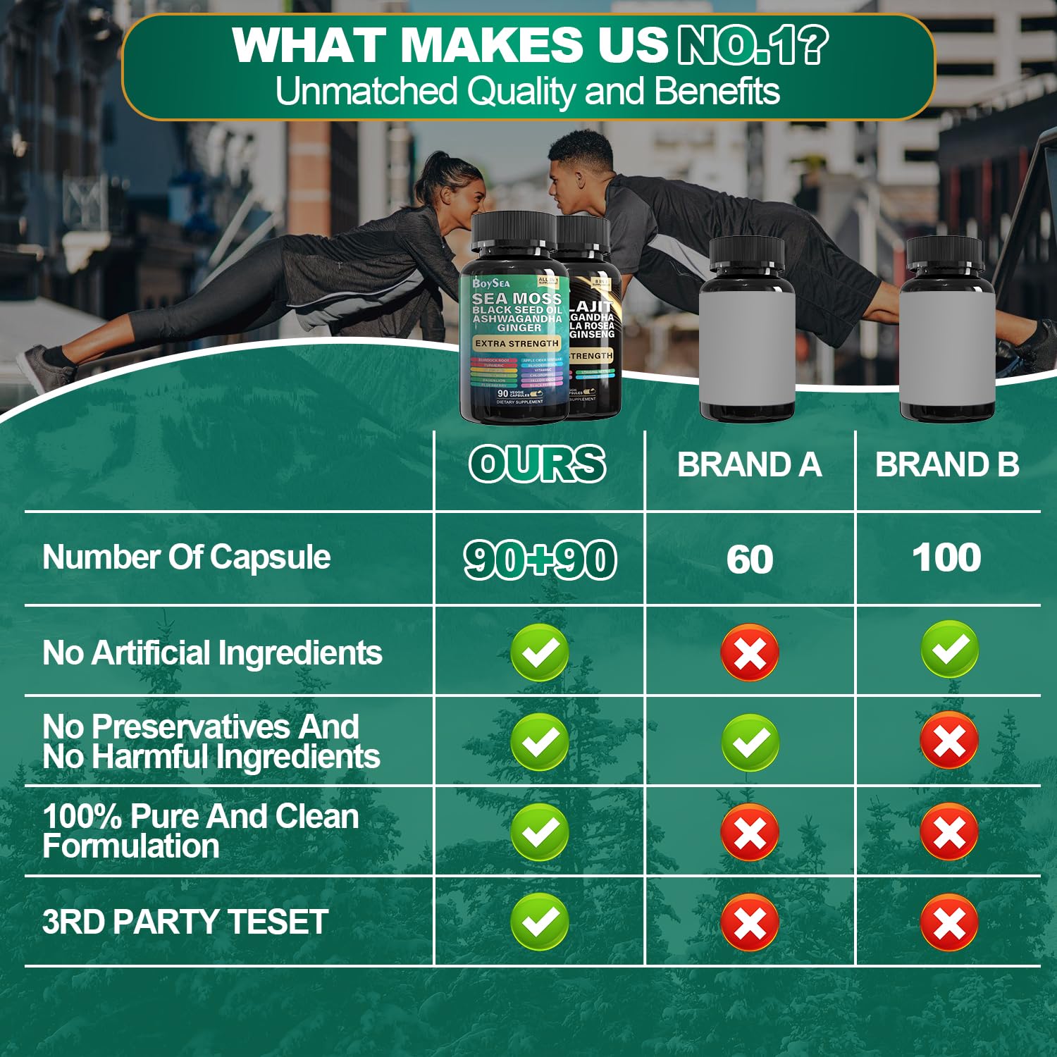 Boysea sea moss capsules close-up with 15+ ingredients for comprehensive nutrition.