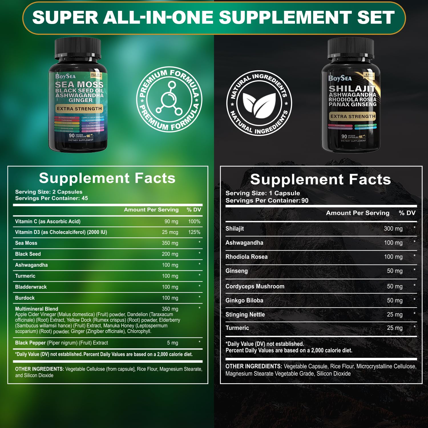 Boysea shilajit capsules close-up, eight-in-one energy blend for daily stamina.