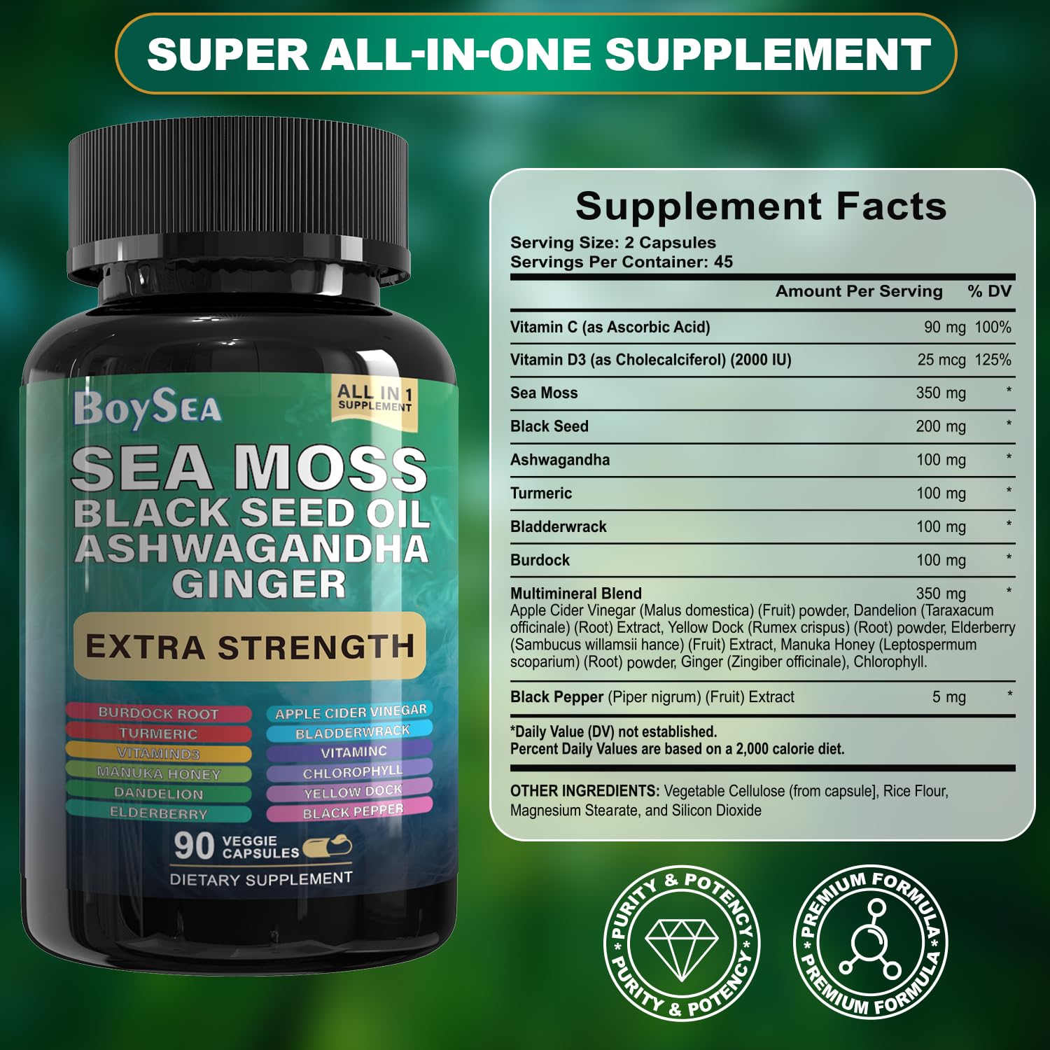 Sea Moss capsules bottle close-up with herbal mix