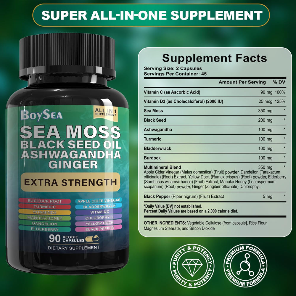Sea Moss capsules bottle close-up with herbal mix
