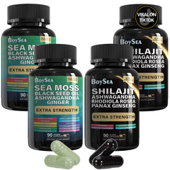 Boysea shilajit and sea moss bundle packaging shows two bottles for daily vitality.