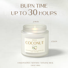 Coconut candle set shown for romantic dinners, baths, and reading