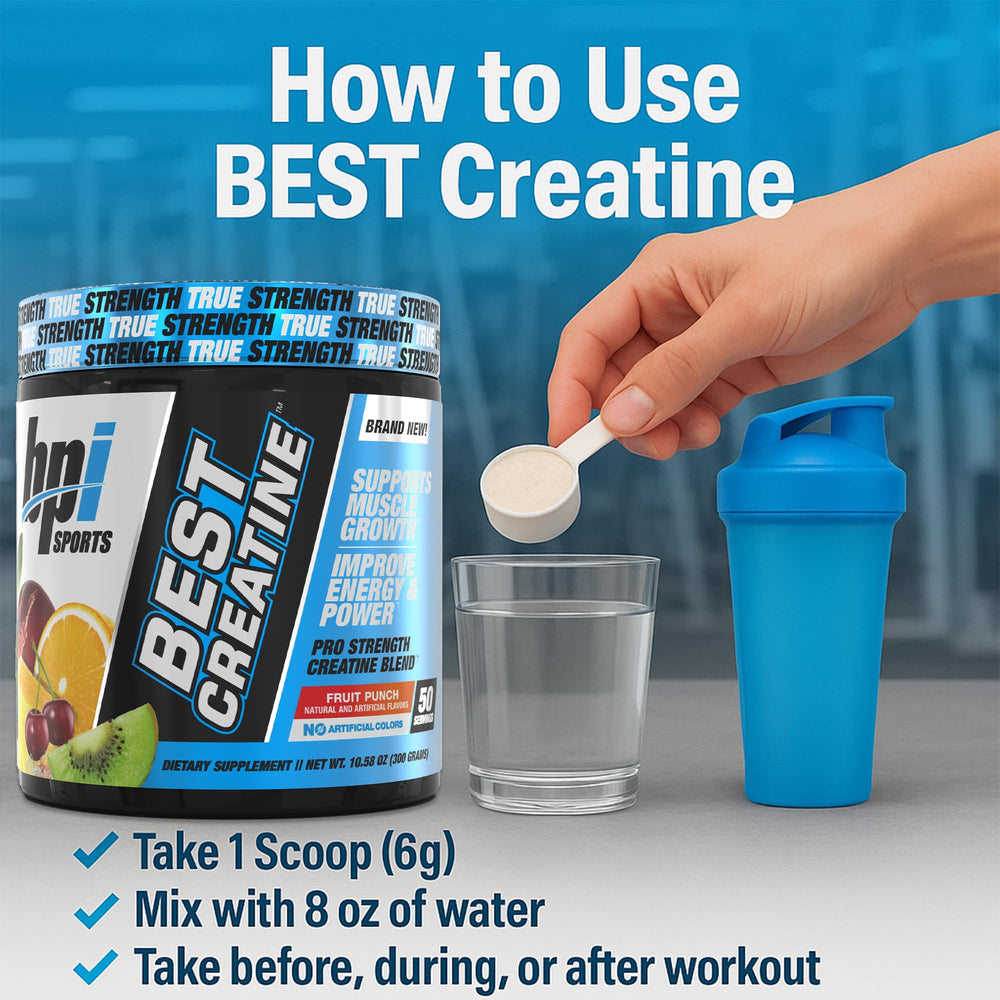 Flavored fruit punch creatine powder with scoop