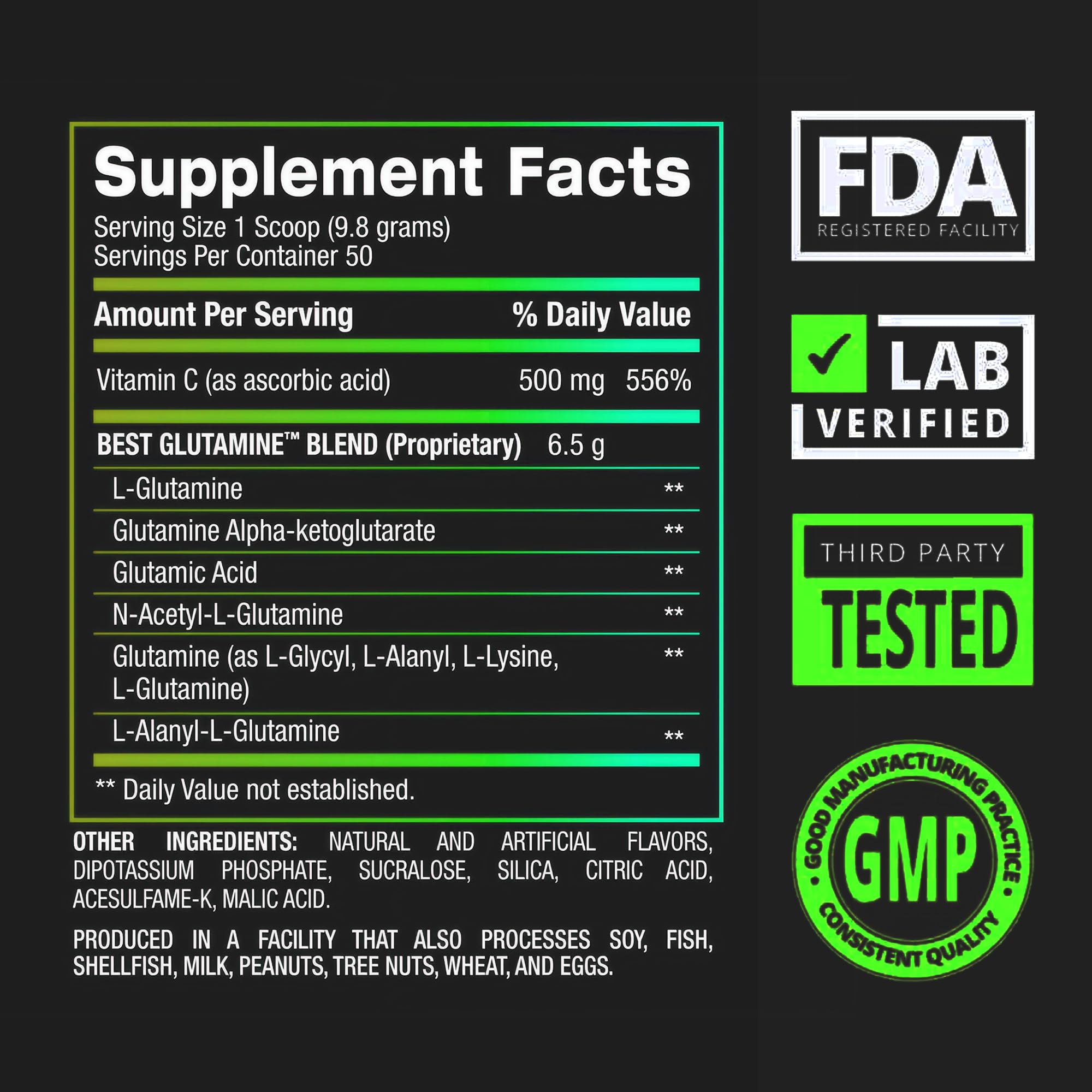 Graphic showing six glutamine forms included in the supplement