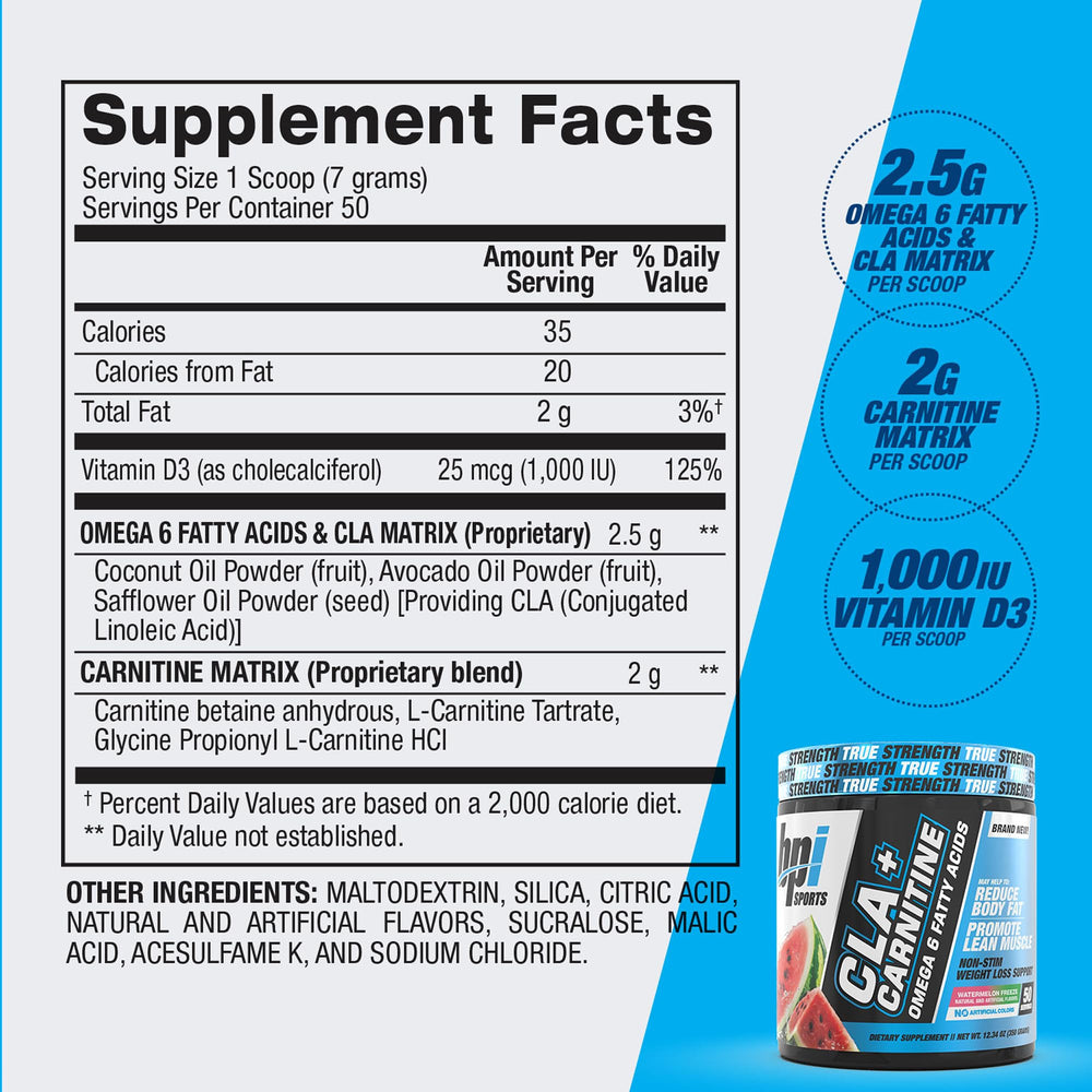 Measuring scoop with CLA+Carnitine powder beside container