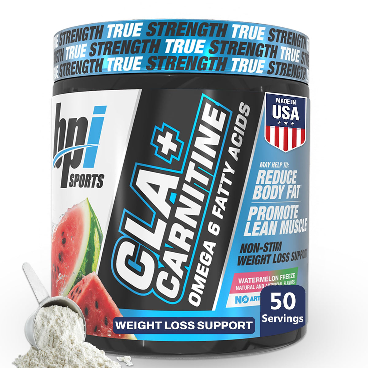 Bottle and packaging of BPI Sports CLA+Carnitine Watermelon Freeze