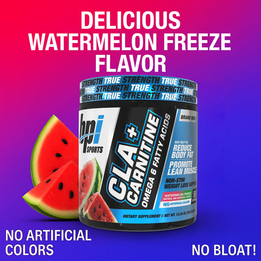 Close-up of CLA+Carnitine bottle with label showing Watermelon Freeze flavor