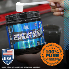 Tub of BPI Sports Micronized Creatine with scoop