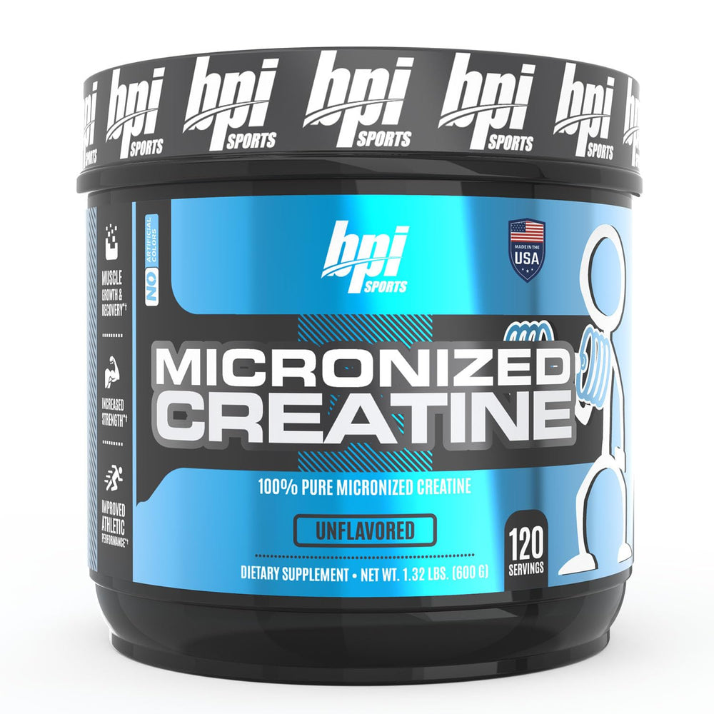 BPI Sports Micronized Creatine 100% Pure Unflavored powder in a tub