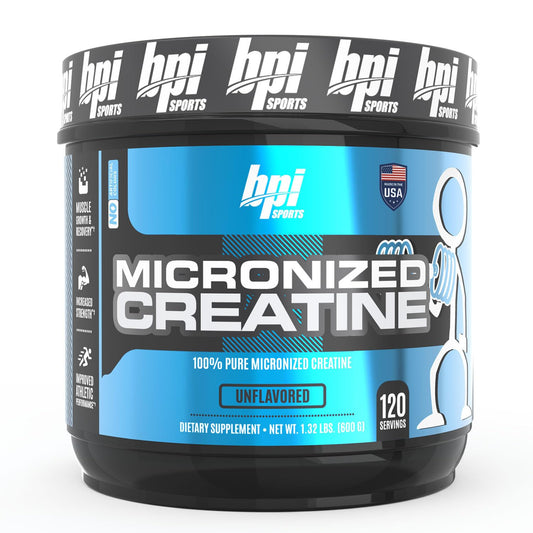 BPI Sports Micronized Creatine 100% Pure Unflavored powder in a tub