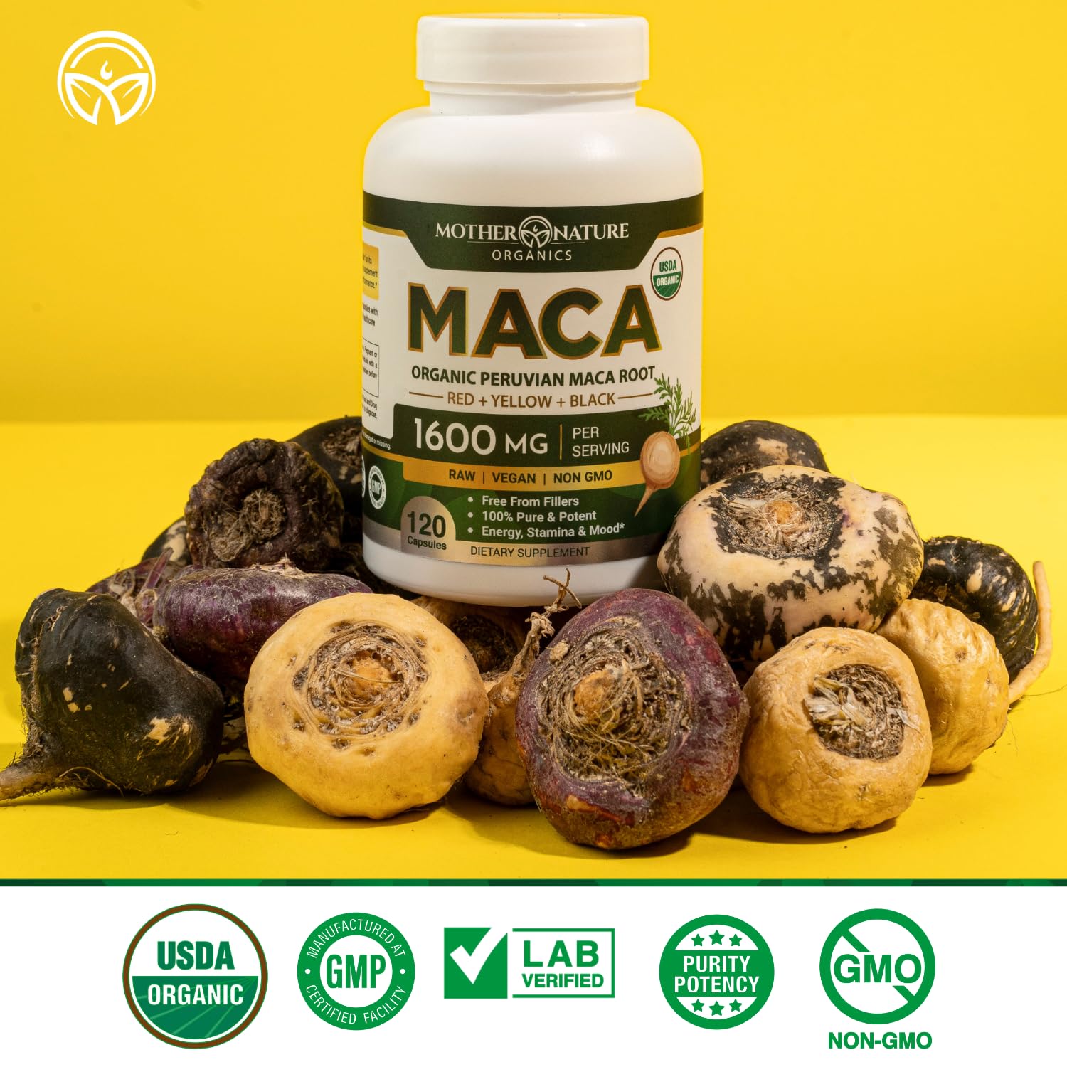 BPA-free bottle packaging for maca capsules.