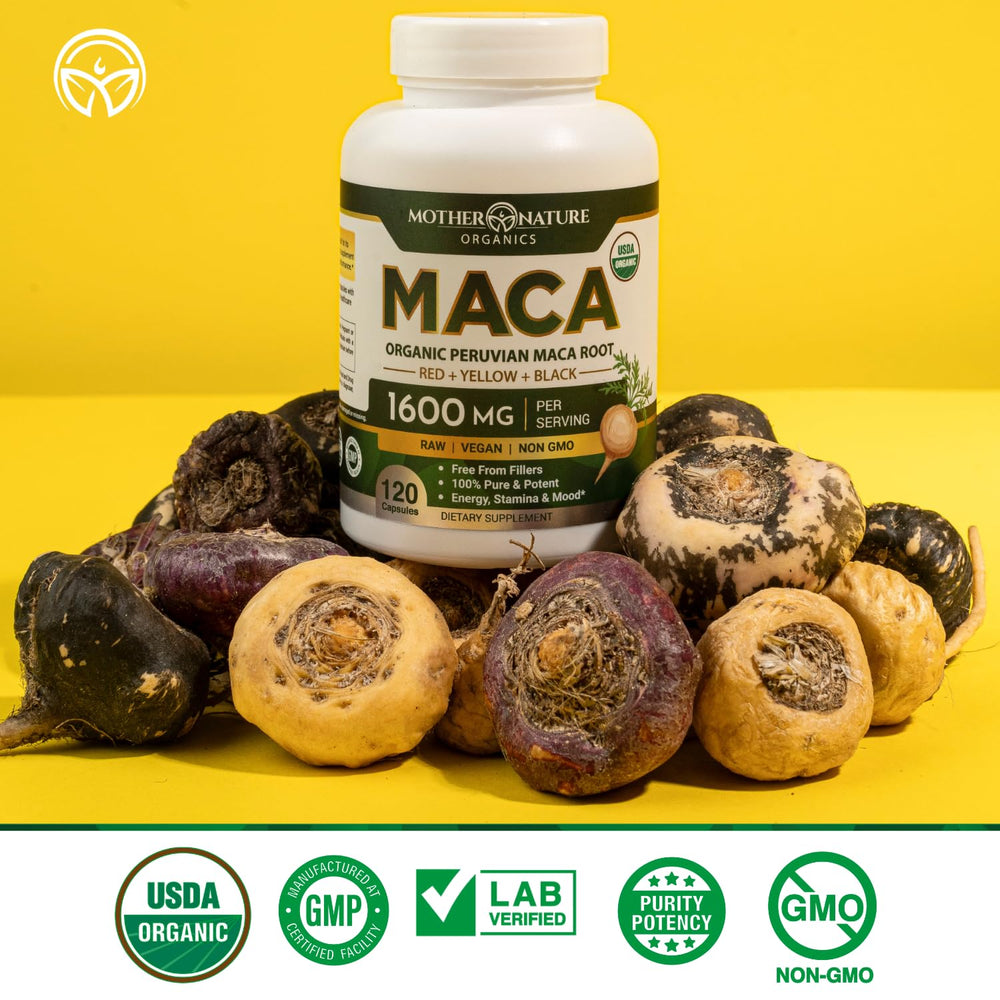 BPA-free bottle packaging for maca capsules.