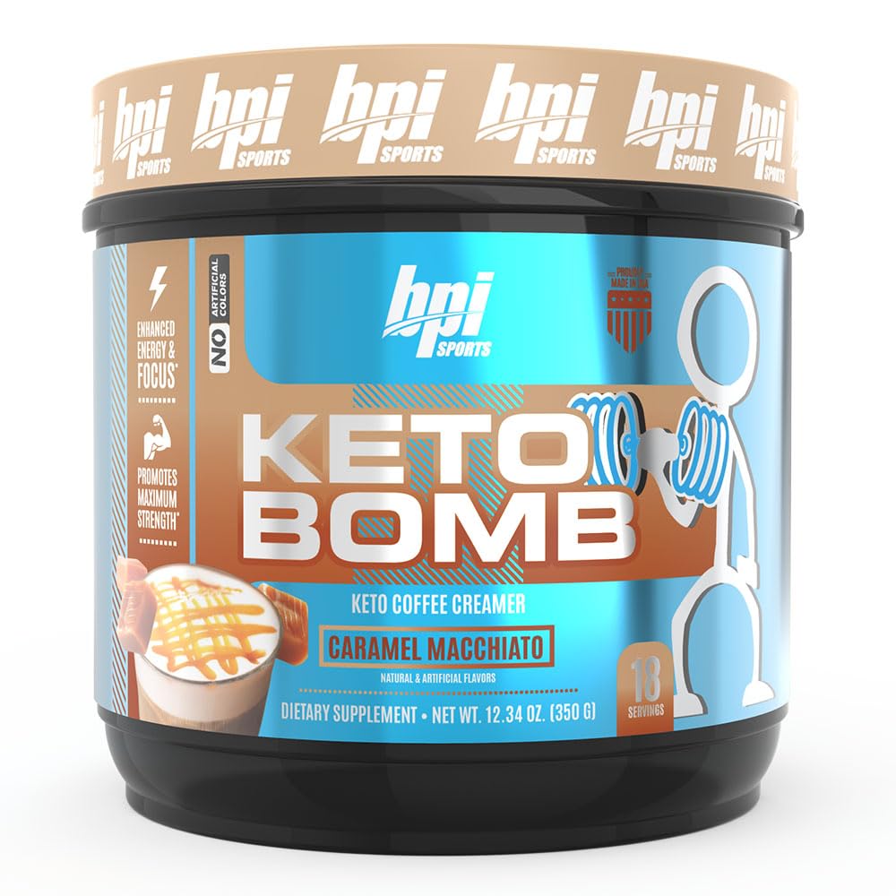 Packaging for BPI Keto Bomb Coffee Creamer in Caramel Macchiato flavor