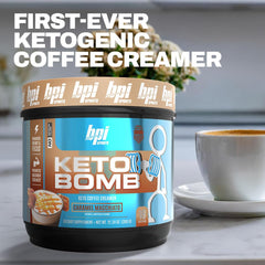 Pouring BPI Keto Bomb into a cup of coffee
