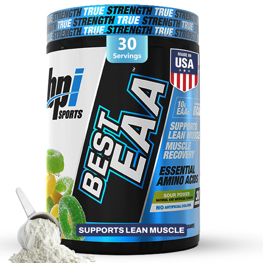 BPI Sports Essential Amino Acids Sour Power canister on shelf