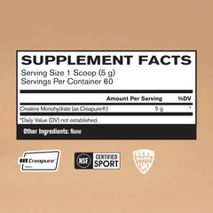Close-up of BPN Creatine Monohydrate label showing 5 g per serving