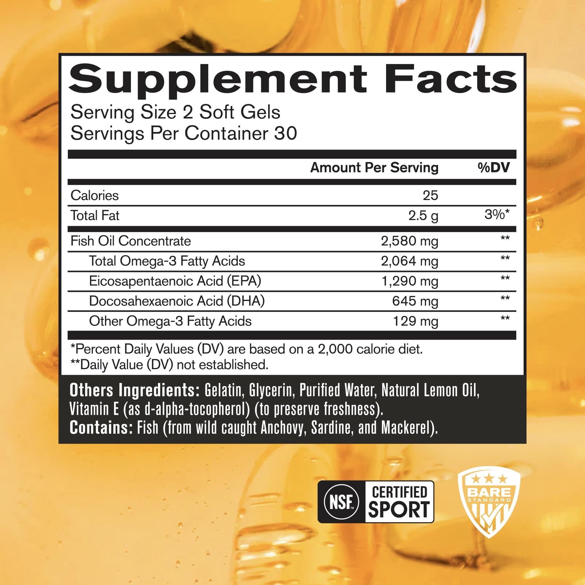 Close-up of BPN Omega Fish Oil label showing 1290mg per capsule
