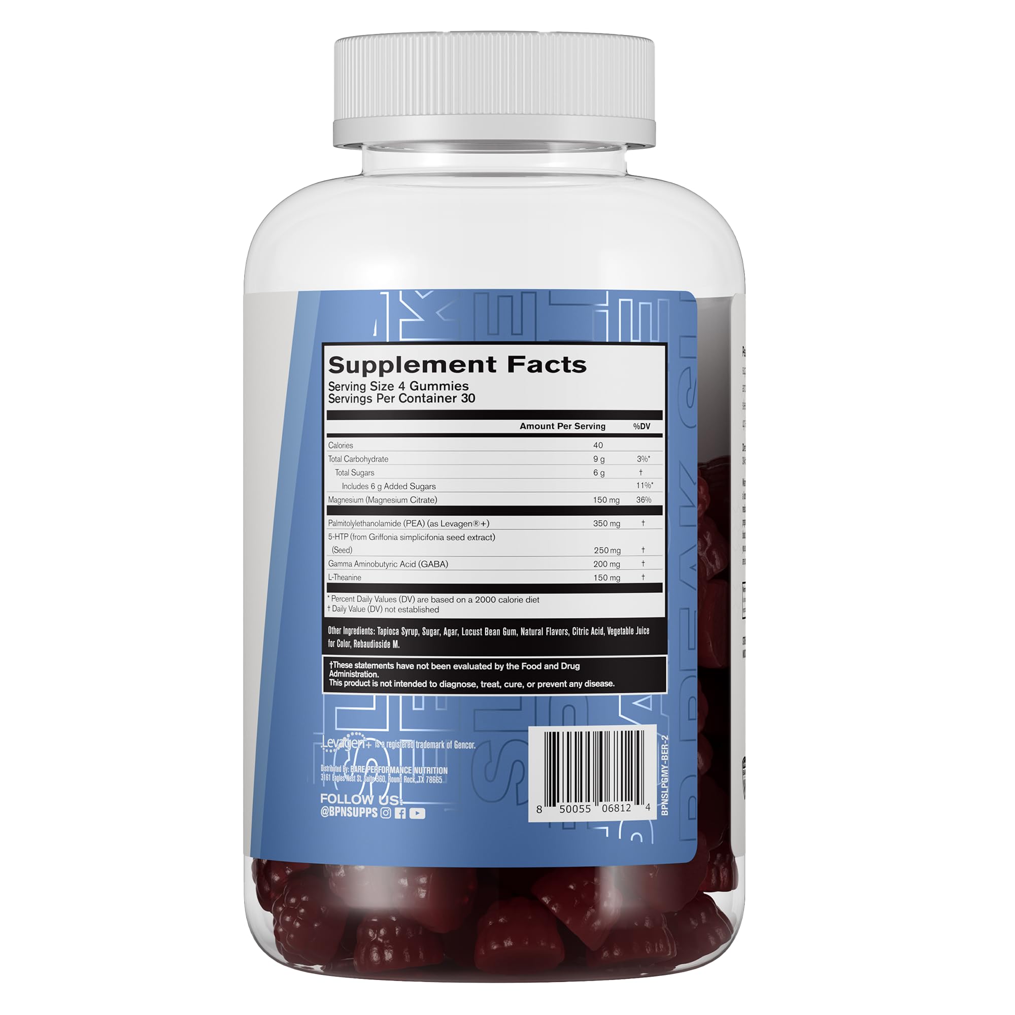 Ingredients panel showing melatonin, L-Theanine and magnesium