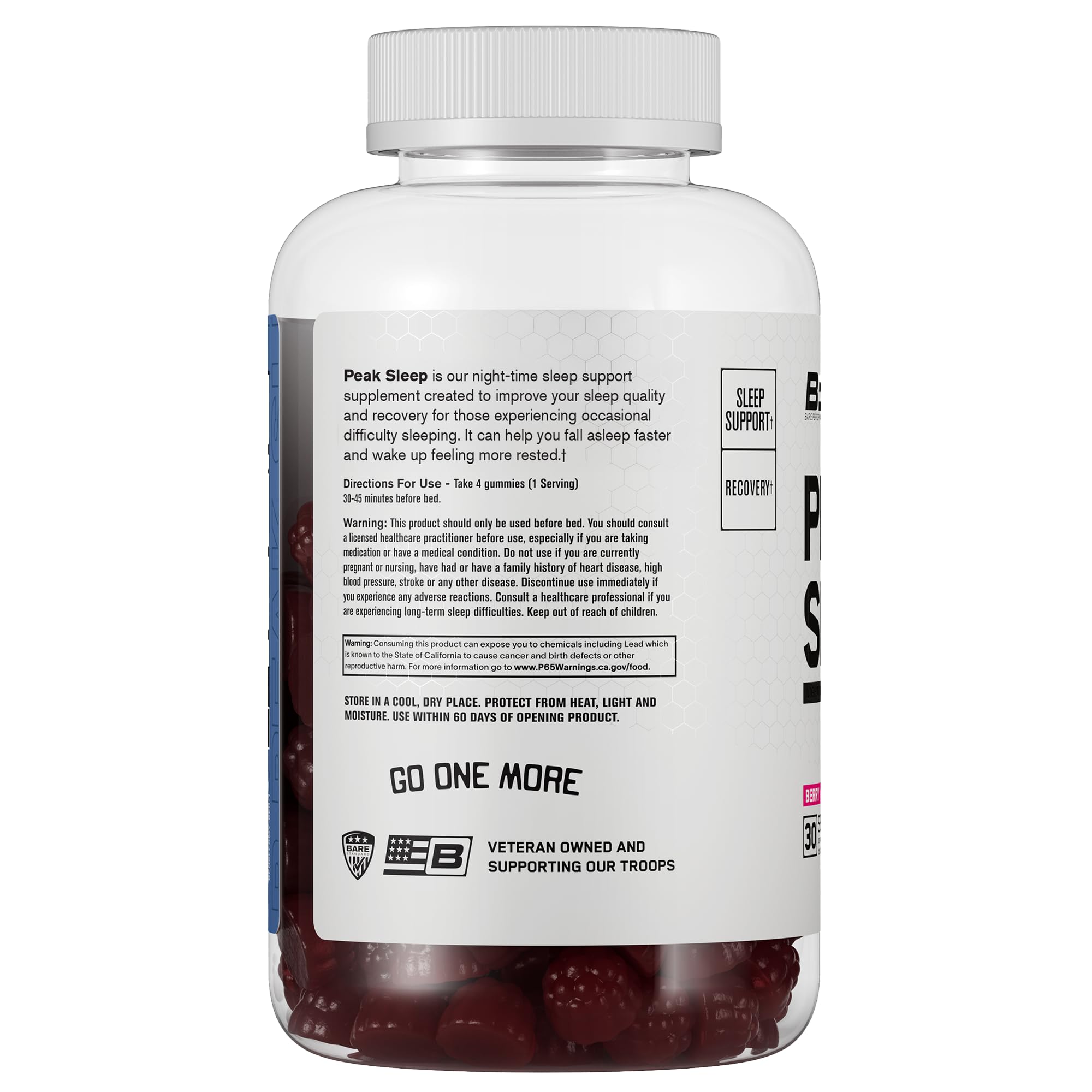 Packaging of BPN Peak Sleep Gummy Berry 30 servings