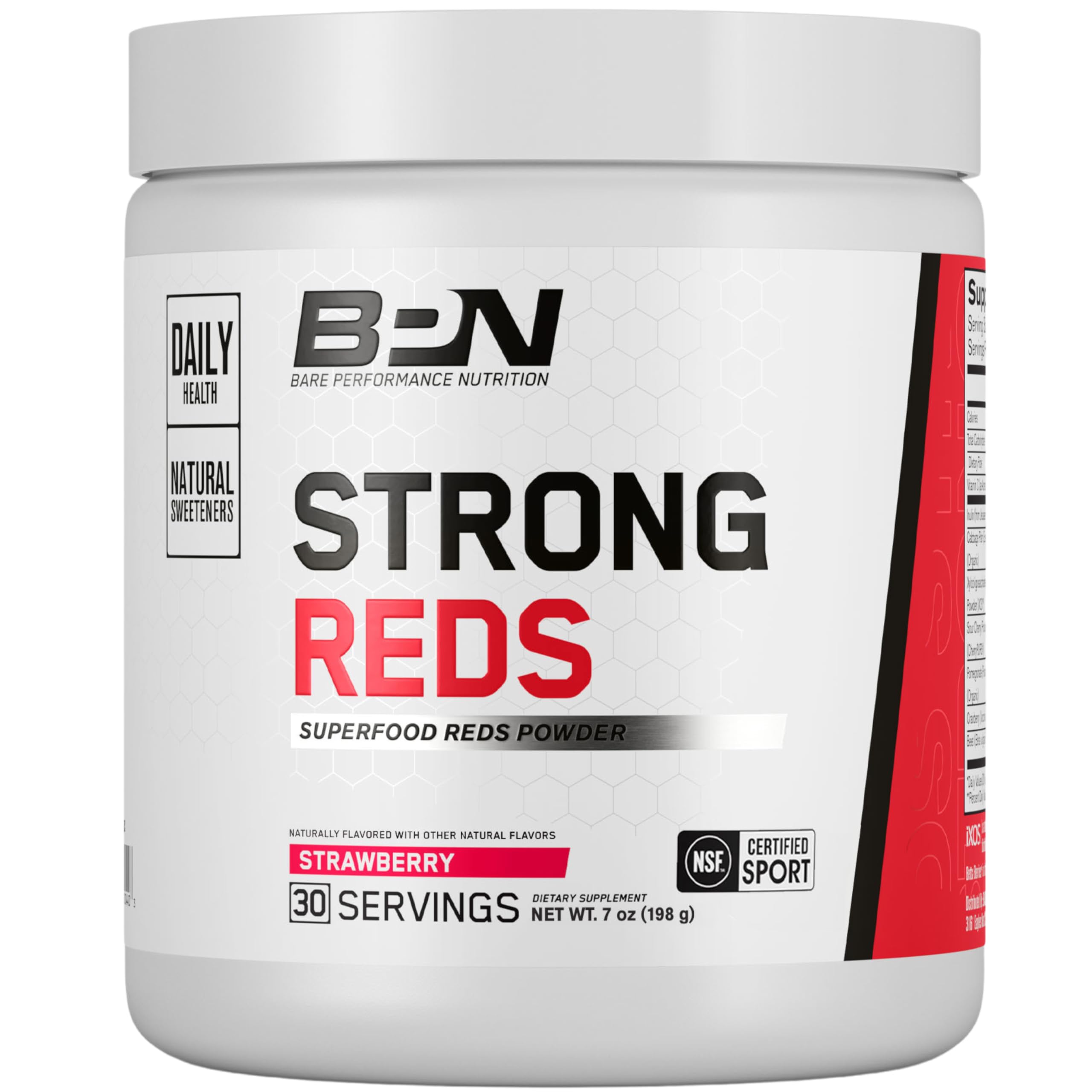 Front view of BPN Strong Reds strawberry powder container