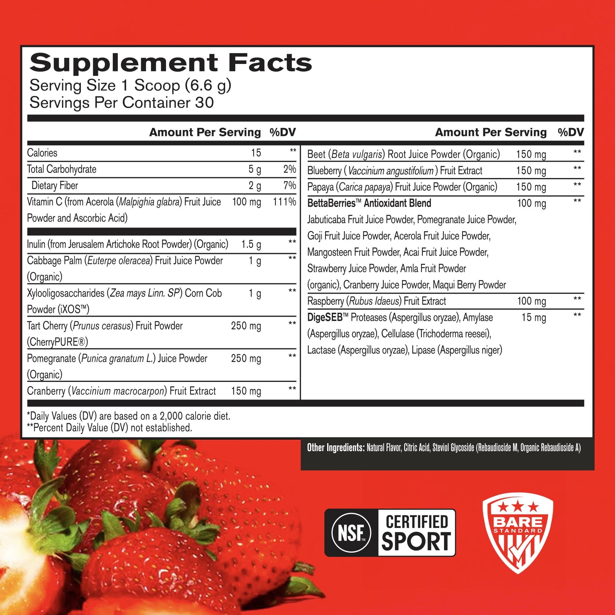 Close-up of ingredients highlighting antioxidants and fruit extracts
