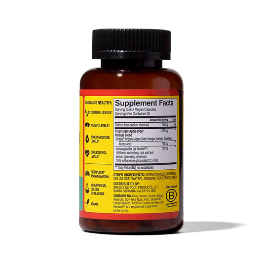 Bragg ACV blend with 1877mg and 750mg acetic acid per serving label