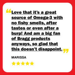 Bragg Omega-3 bottle with 60 vegan softgels on a white surface