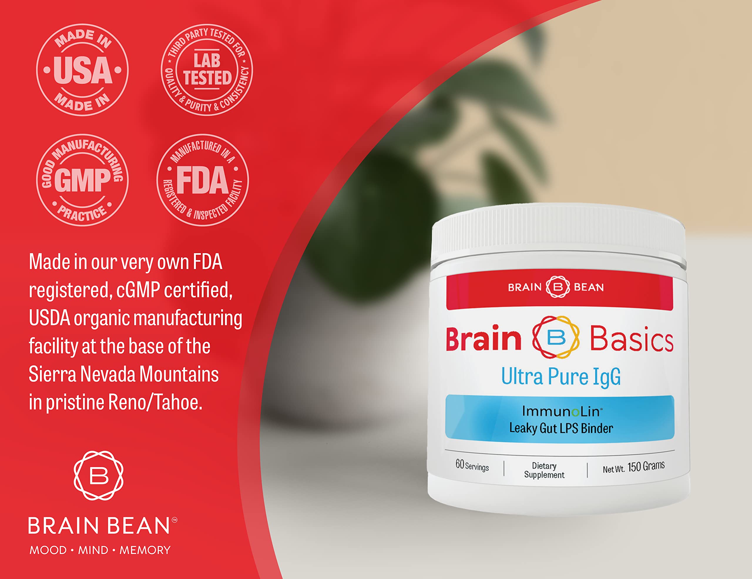 Dairy-free label on Brain Basics product packaging