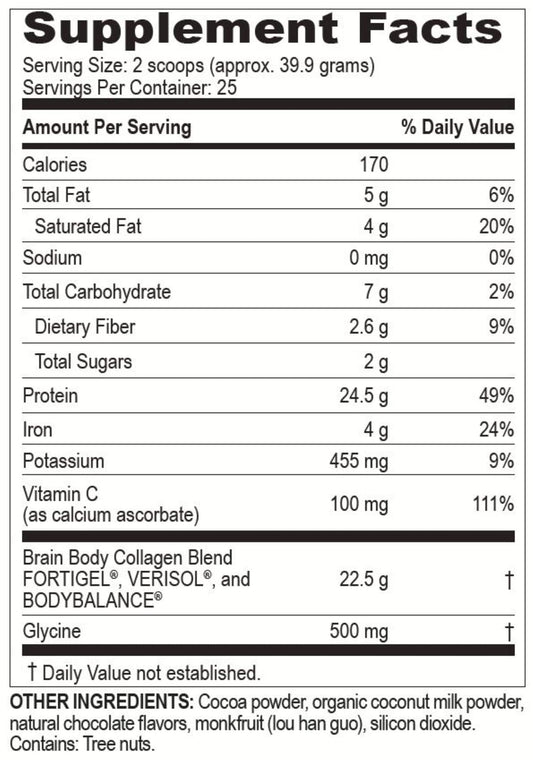 Scooped Brain Body Collagen Powder being added to a beverage (Creamy Natural Chocolate flavor)