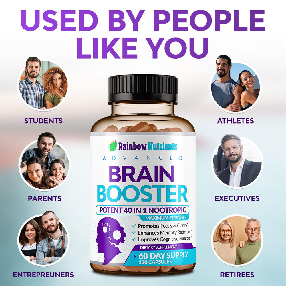 Brain-boosting supplement packaging and capsules on a table