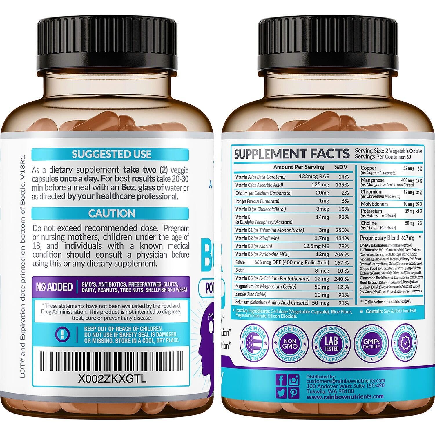 GMP seal and third-party testing icons on the packaging