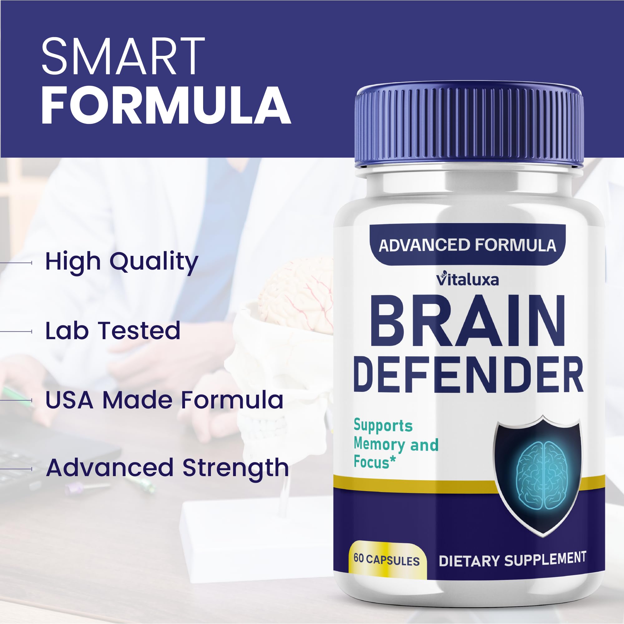 Brain Defender Daily Brain Booster bottle on desk