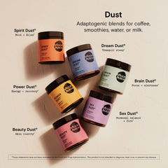 Lifestyle shot with Brain Dust packaging and self-care setup