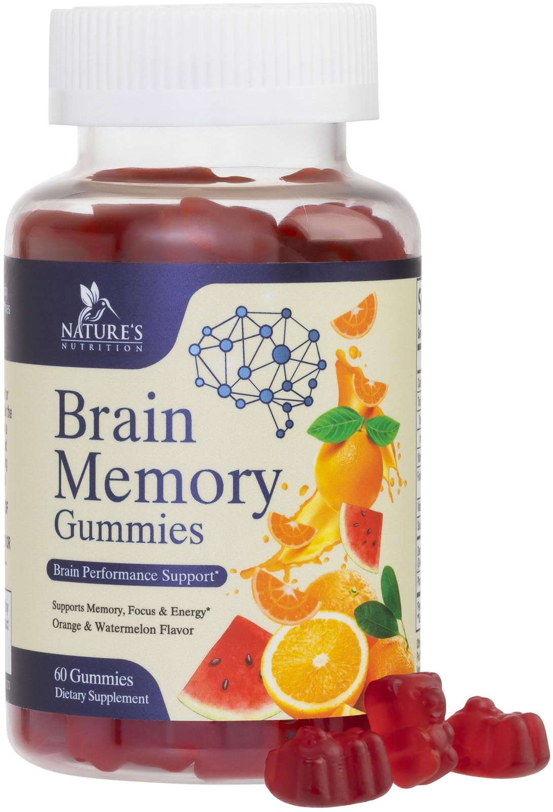 Brain Gummies bottle with label visible on a white background