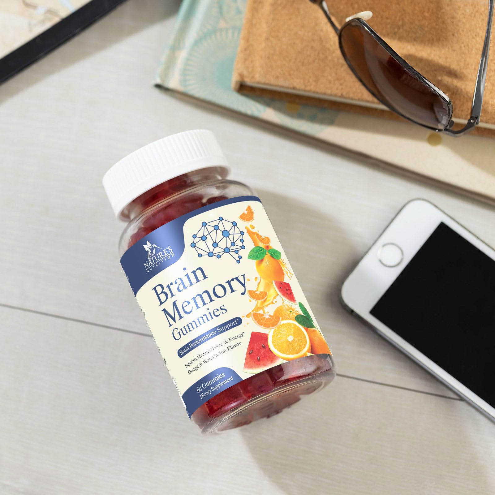 Back view of Brain Gummies bottle with nutritional information visible