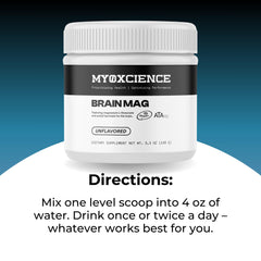Product packaging and scoop with Brain Mag powder