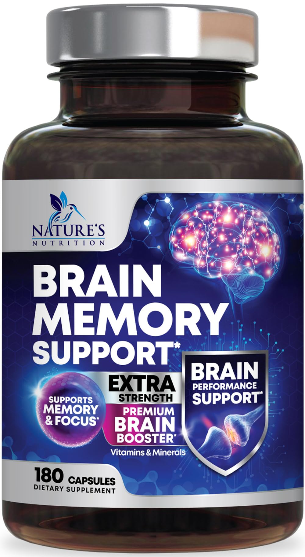 Brain Memory Supplement Pills bottle with 180 capsules on a white background