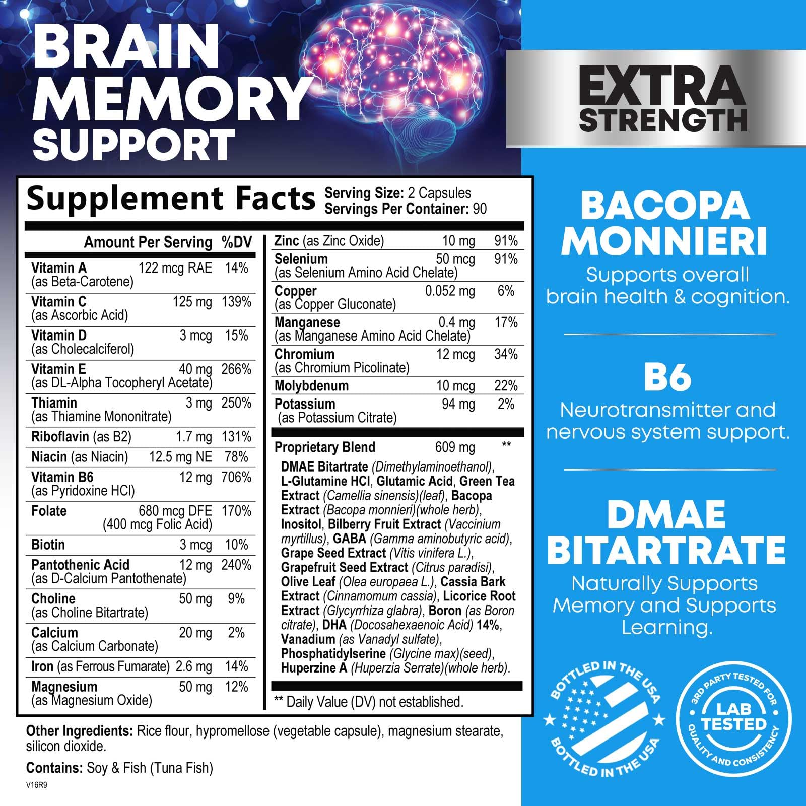 Close-up of Brain Memory Supplement label on the bottle