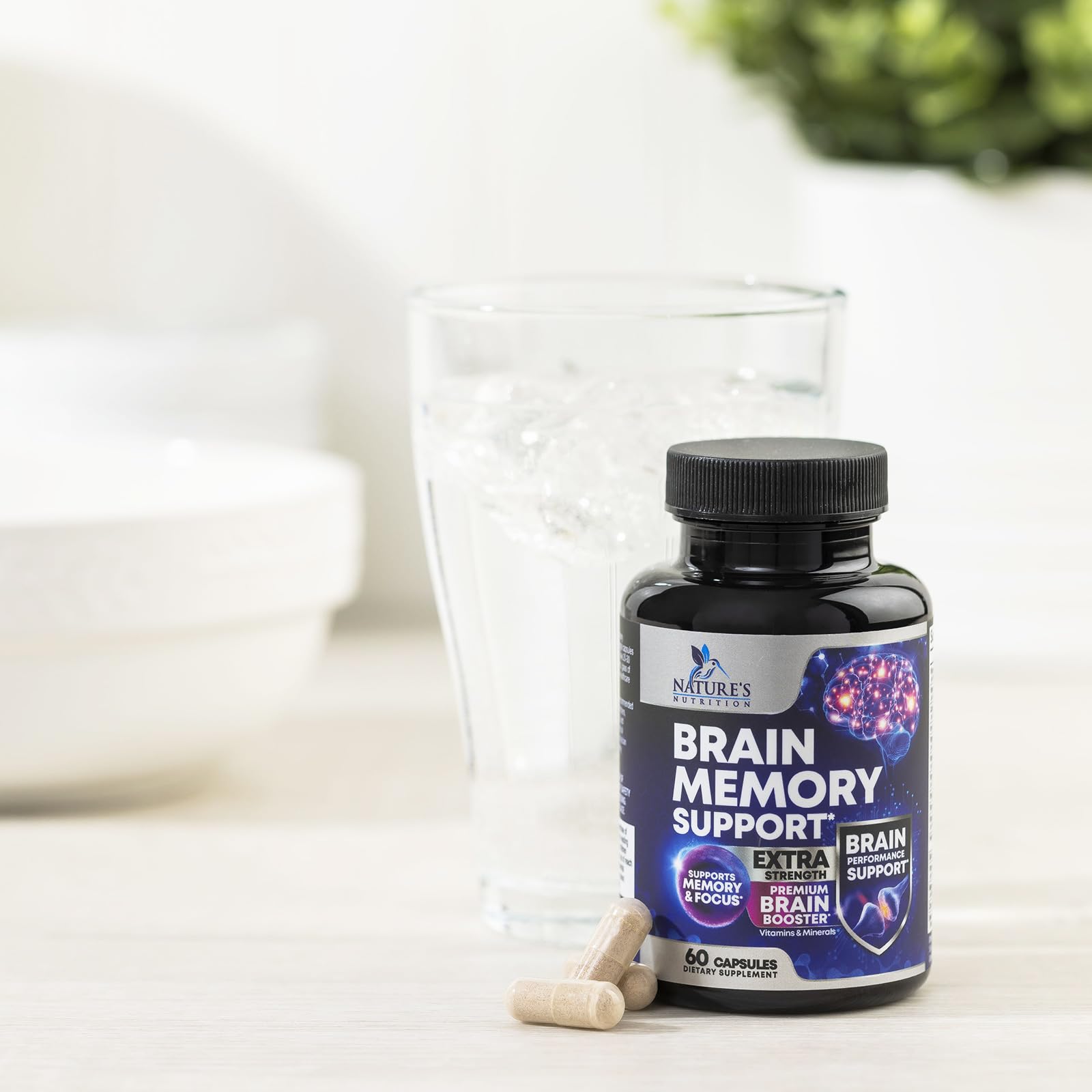 Brain Memory Supplement capsules with ingredients layout
