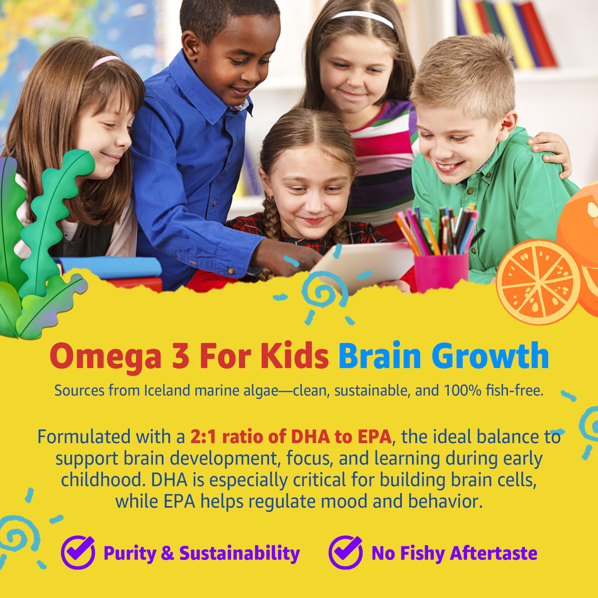 Brain and memory support illustration with omega-3 for kids
