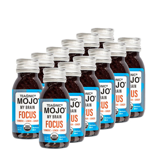 Front view of TEAONIC Brain Mojo focus wellness shot bottle