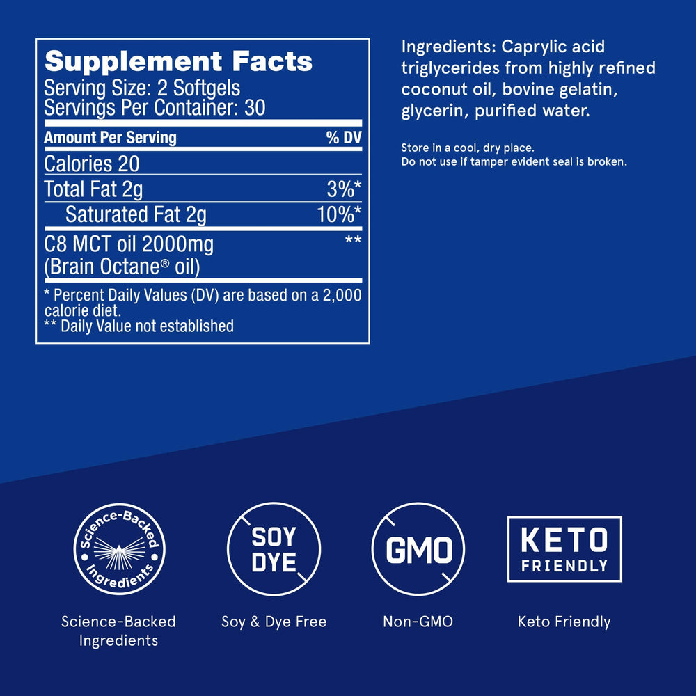 Close-up of Brain Octane Softgels capsules