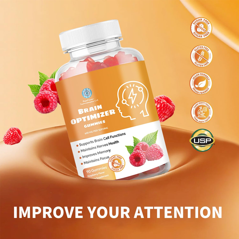 Opened bottle of Brain Optimizer Gummies Raspberry showing 90 gummies.