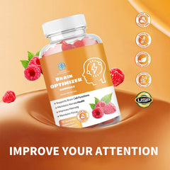 Opened bottle of Brain Optimizer Gummies Raspberry showing 90 gummies.