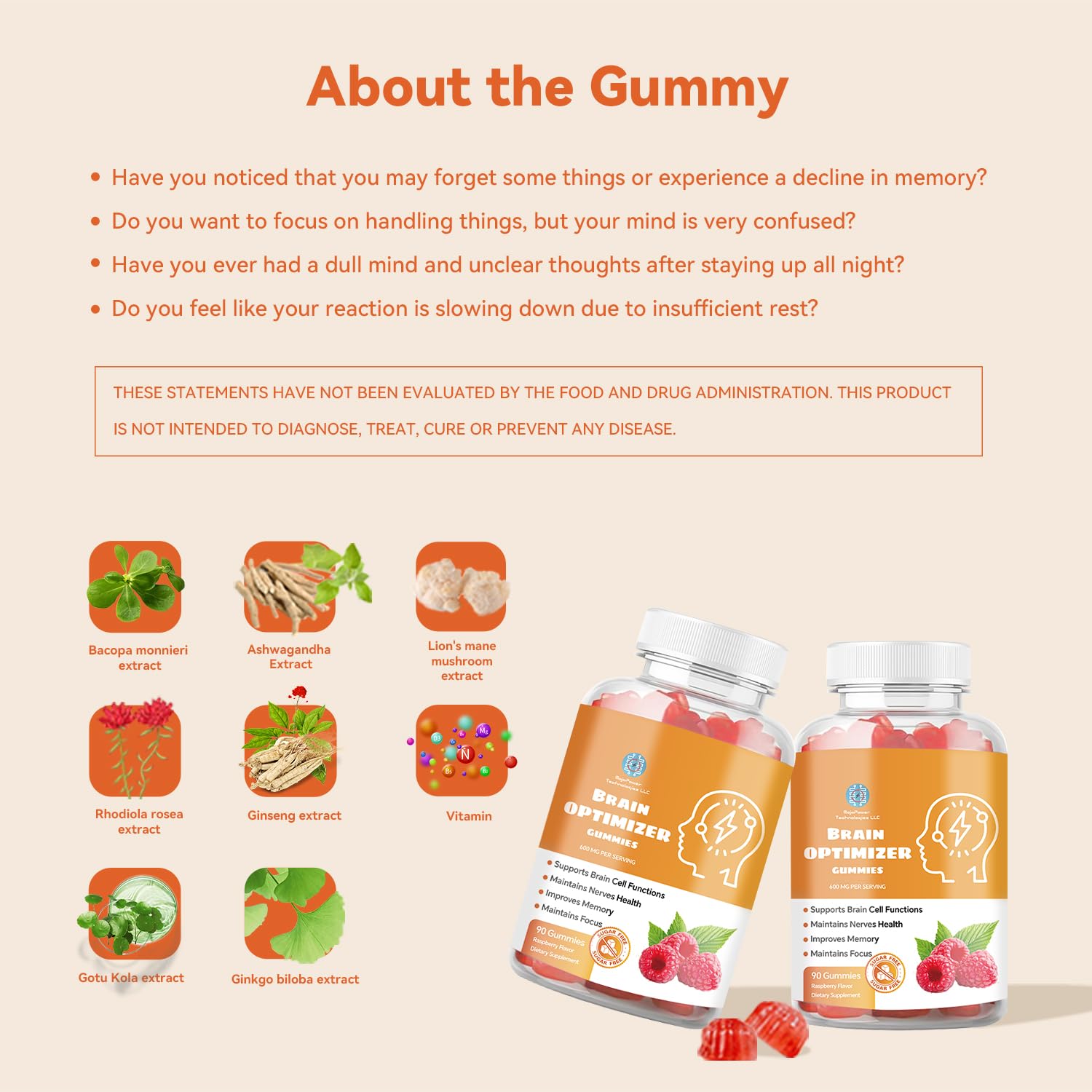 Close-up of Brain Optimizer Gummies ingredients list.