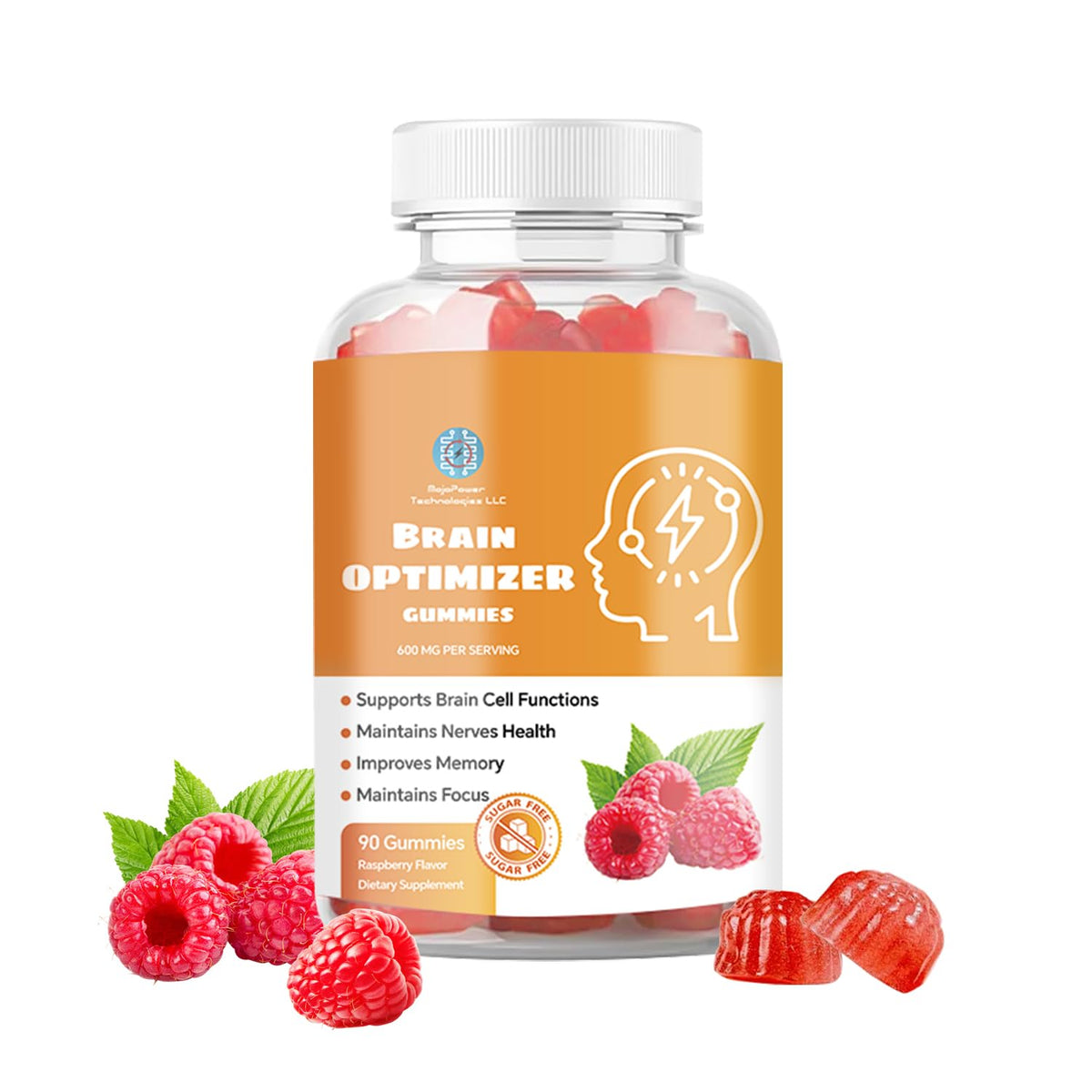 Front view of Brain Optimizer Gummies Raspberry bottle.
