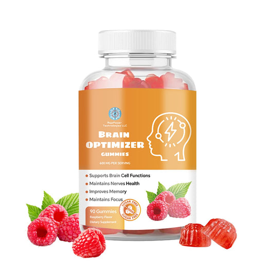 Front view of Brain Optimizer Gummies Raspberry bottle.