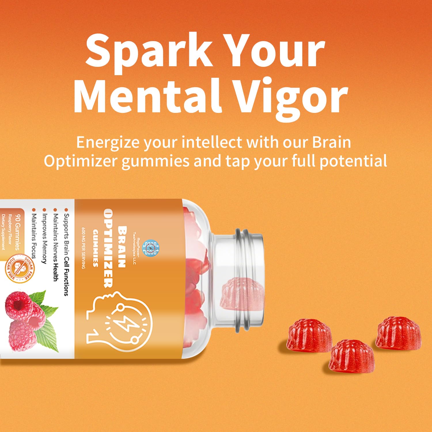 Close-up of Raspberry-flavored Brain Optimizer Gummies.